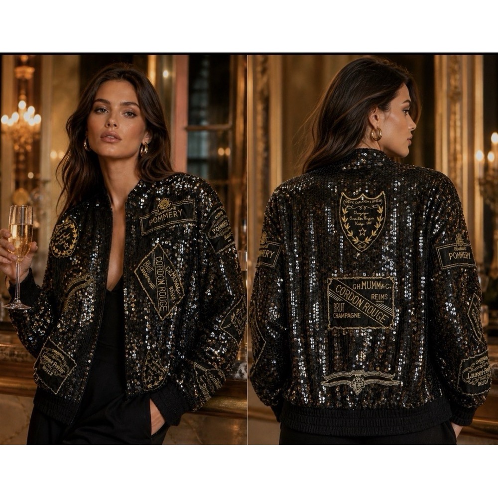 Vintage 80s MODI Silk Sequin Womens Jacket Champagne Label Size M Glam Maximalis